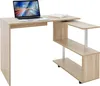 A light wood-colored L-shaped desk with shelves and a laptop on it. Produktbild-Vorschau