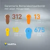Diagram showing different sizes of hearing aid batteries with their corresponding numbers and dimensions. Voir les images du produit