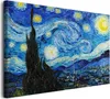 A painting of a starry night sky over a village, with a prominent dark cypress tree in the foreground. Náhled obrázku produktu
