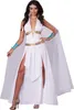 A woman modeling a white goddess costume with gold accents and a sheer cape. Podgląd zdjęcia produktu