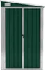 A front view of a green metal shed with silver trim and double doors. Náhľad obrázku produktu