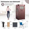 A collage of images showing a portable sauna, its components, and a person demonstrating its use. Náhľad obrázku produktu
