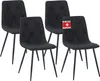 Four black dining chairs are arranged in a group against a white background. One chair has a red and white tag attached to its back. Náhled obrázku produktu