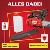 A red and black chainsaw with accessories, presented with marketing text on a red background. Produktbild-Vorschau