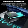 A black power bank is placed on a laptop, with glowing blue battery cells visible inside the power bank. Produktbild-Vorschau