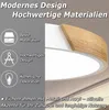 A close-up of a modern ceiling light with a wooden accent, accompanied by descriptive text and icons. Voir les images du produit