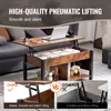 A lift-top coffee table is shown in a living room setting, with a laptop and books on its surface. The image also includes a comparison of the table's lifting mechanism. Náhľad obrázku produktu