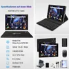 A collage of images showcasing a tablet with its accessories and specifications. Produktbild-Vorschau
