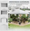 A white pop-up canopy tent is set up on a wooden deck in a backyard, with a table and chairs underneath. The image also shows smaller inset images of the tent from different angles and with different configurations. Produktbild-Vorschau