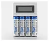 A white battery charger with four AA rechargeable batteries inserted. Podgląd zdjęcia produktu