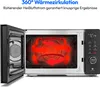 An open microwave oven with a glowing interior showing heat circulation arrows. Produktbild-Vorschau