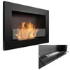 A black ethanol fireplace with flames visible behind a glass panel, shown in two views: a front view and a close-up of the burner tray. Voir les images du produit