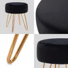 A collage of four images showing different views of a black velvet stool with gold metal legs. Podgląd zdjęcia produktu