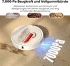 A white robot vacuum cleaner is shown on a carpeted floor, demonstrating its suction power and cleaning capabilities. There are small images above showing dust, coffee beans, and cereal flakes, illustrating the types of debris it can pick up. The text high Produktbild-Vorschau
