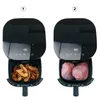 Two images of an air fryer, one showing dried apple slices and the other showing raw chicken. Náhľad obrázku produktu