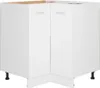 A white corner kitchen cabinet with two doors and black legs, shown against a white background. Náhľad obrázku produktu