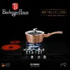 A rose gold pot is placed on a stovetop with multiple burners, some of which are lit. The background is black, and there is branding and text overlaid on the image. Náhled obrázku produktu