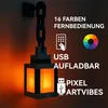 A pixelated lantern with a chain hanging from a wall mount, illuminated with orange light. Text and icons describe its features. Produktbild-Vorschau
