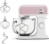 A pink and white Kenwood stand mixer with three attachments displayed to the left. Voir les images du produit