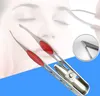 A close-up of tweezers with red grips, superimposed over a blurred image of a woman's face. Produktbild-Vorschau