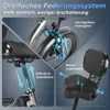 A collage of close-up shots of an electric bicycle's suspension system and seat, with German text highlighting features. Náhled obrázku produktu