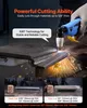 A person is using a plasma cutter to cut through metal, with sparks flying. The bottom of the image shows examples of cuts made with the product. Anteprima dell’immagine prodotto