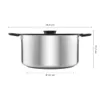 A side view of a stainless steel pot with a black lid and handles, with dimensions indicated by lines and text. Produktbild-Vorschau