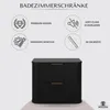 A black bathroom cabinet with gold handles is shown, with feature icons and text surrounding it. Produktbild-Vorschau