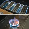Close-up shots of a gas grill's burners, one showing multiple burners with blue flames, and the other showing a single burner with a circular flame. Produktbild-Vorschau