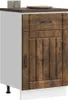 A kitchen base cabinet with a wooden door and drawer front, shown in a studio setting. Náhľad obrázku produktu