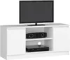 A white TV stand with a black TV and media player on it, set against a white background. Náhľad obrázku produktu