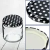 A collage of images showing a glass jar with a black and white polka dot lid, a close-up of the lid, and a close-up of the inside of the lid. Produktbild-Vorschau