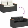 A two-part image showing a garden sofa set. The top part shows the sofa assembled with cushions. The bottom part shows the sofa with the seat cushions lifted, revealing storage compartments underneath. A curved arrow indicates the transformation or functio Podgląd zdjęcia produktu