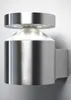 A modern, cylindrical stainless steel wall lamp with LED lighting. Produktbild-Vorschau