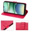 A collage of images showing a red flip-style phone case with embossed floral patterns, displaying a smartphone inside. Produktbild-Vorschau
