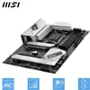 A computer motherboard with heatsinks and slots for components, presented on a white background with feature icons below. Anteprima dell’immagine prodotto