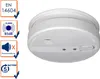 A white smoke detector is shown next to a series of icons and text indicating its features and certifications. Produktbild-Vorschau