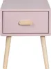 A pink nightstand with a wooden drawer pull and wooden legs, shown against a white background. Produktbild-Vorschau