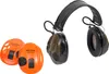 A pair of green and black earmuffs and two orange ear protection covers are displayed against a white background. Voir les images du produit