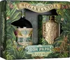 A gift box for Don Papa Baroko rum, featuring a jungle theme with parrots, monkeys, and butterflies. It contains a bottle of rum and a gold-colored hip flask. Produktbild-Vorschau