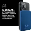A blue magnetic power bank is attached to the back of a gray iPhone, with marketing text and a logo on a black background. Produktbild-Vorschau