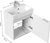 A white bathroom vanity with a sink and faucet, shown with dimensions indicated by lines and text. Produktbild-Vorschau