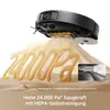 A robot vacuum cleaner is shown hovering over sand, demonstrating its suction power. Text indicates the suction strength and a feature. Produktbild-Vorschau