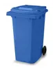 A blue trash can with wheels on a white background. Produktbild-Vorschau