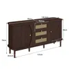 A dark brown sideboard with cane detailing and brass knobs, shown with dimensions indicated by measurement lines and text. Podgląd zdjęcia produktu