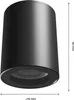 A product shot of a black cylinder-shaped ceiling light with dimensions indicated. Produktbild-Vorschau