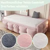 A pink upholstered daybed with a white mattress is shown, with three circular close-ups of different fabric textures below. Podgląd zdjęcia produktu