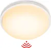 A white, round LED ceiling light with a motion sensor icon below it. Náhľad obrázku produktu