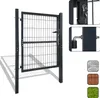 A dark grey metal garden gate is shown in an open position, attached to a post. Insets show close-ups of the lock mechanism and handle. Smaller squares at the bottom right show examples of brick, wood, and grass textures. Náhľad obrázku produktu