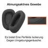 Close-up of black headphone earcups with text describing their features. Produktbild-Vorschau